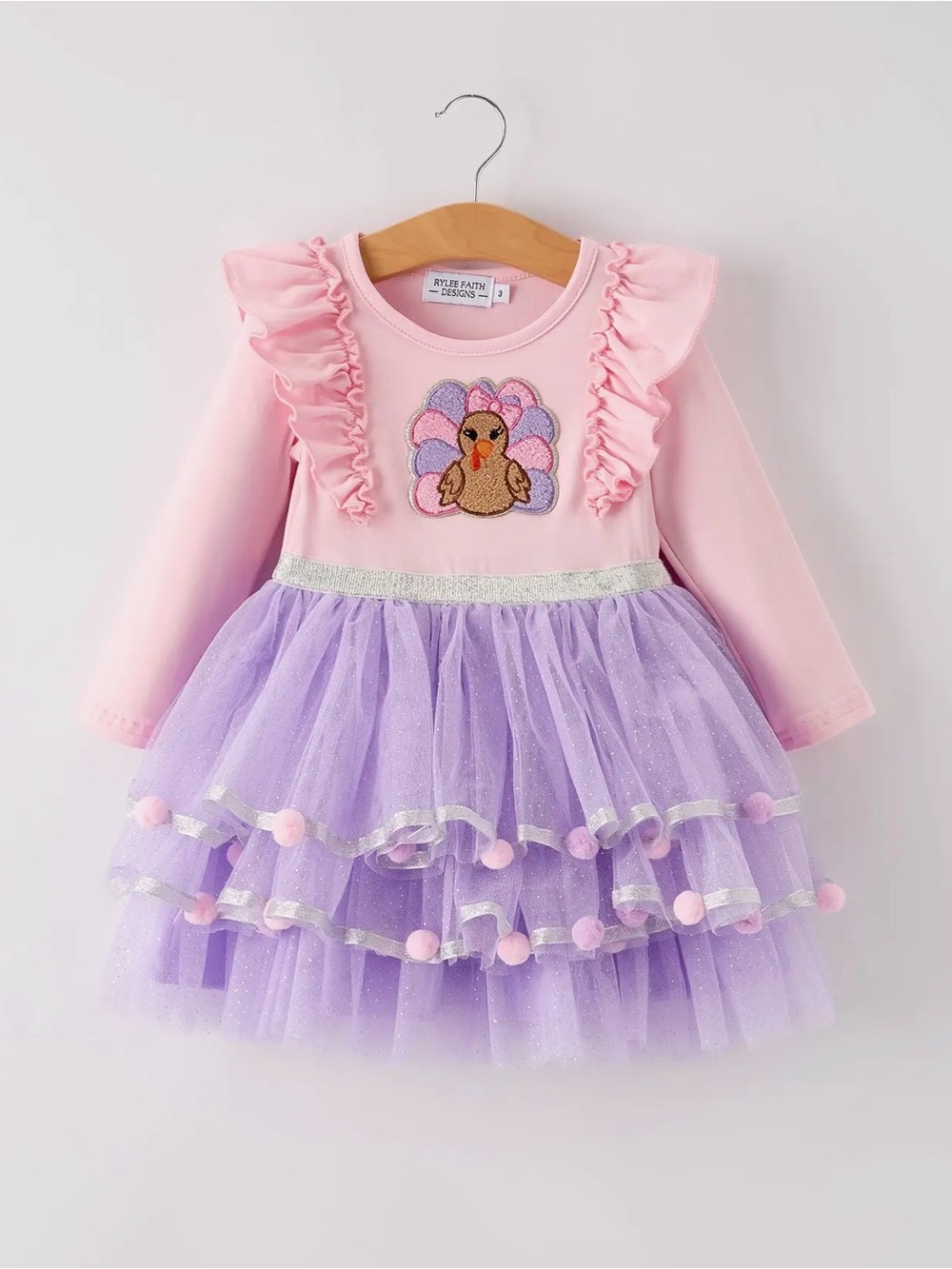 Rylee Faith Autumn Thanksgiving Tulle Pink Purple Girls Long Sleeve Dress